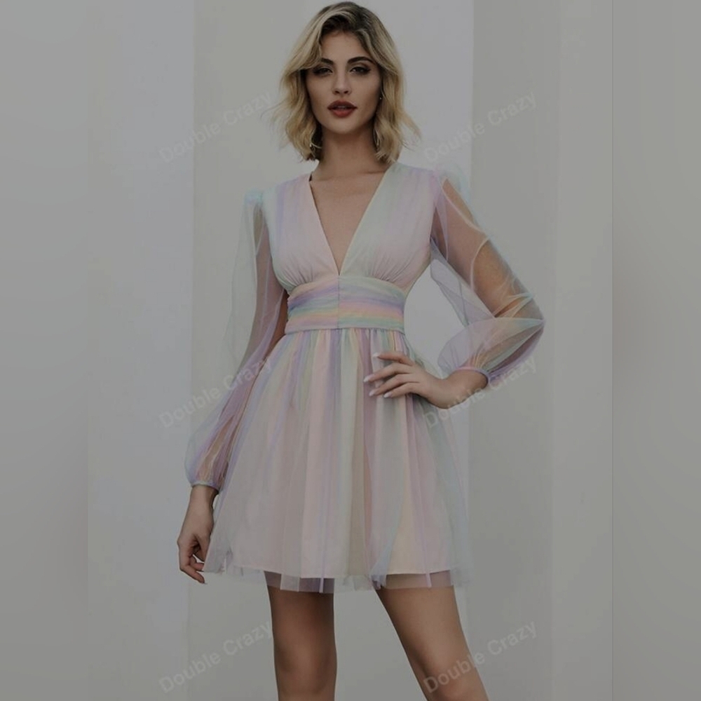 Shein Double Crazy Plunging Neck Rainbow Mesh Skater Dress